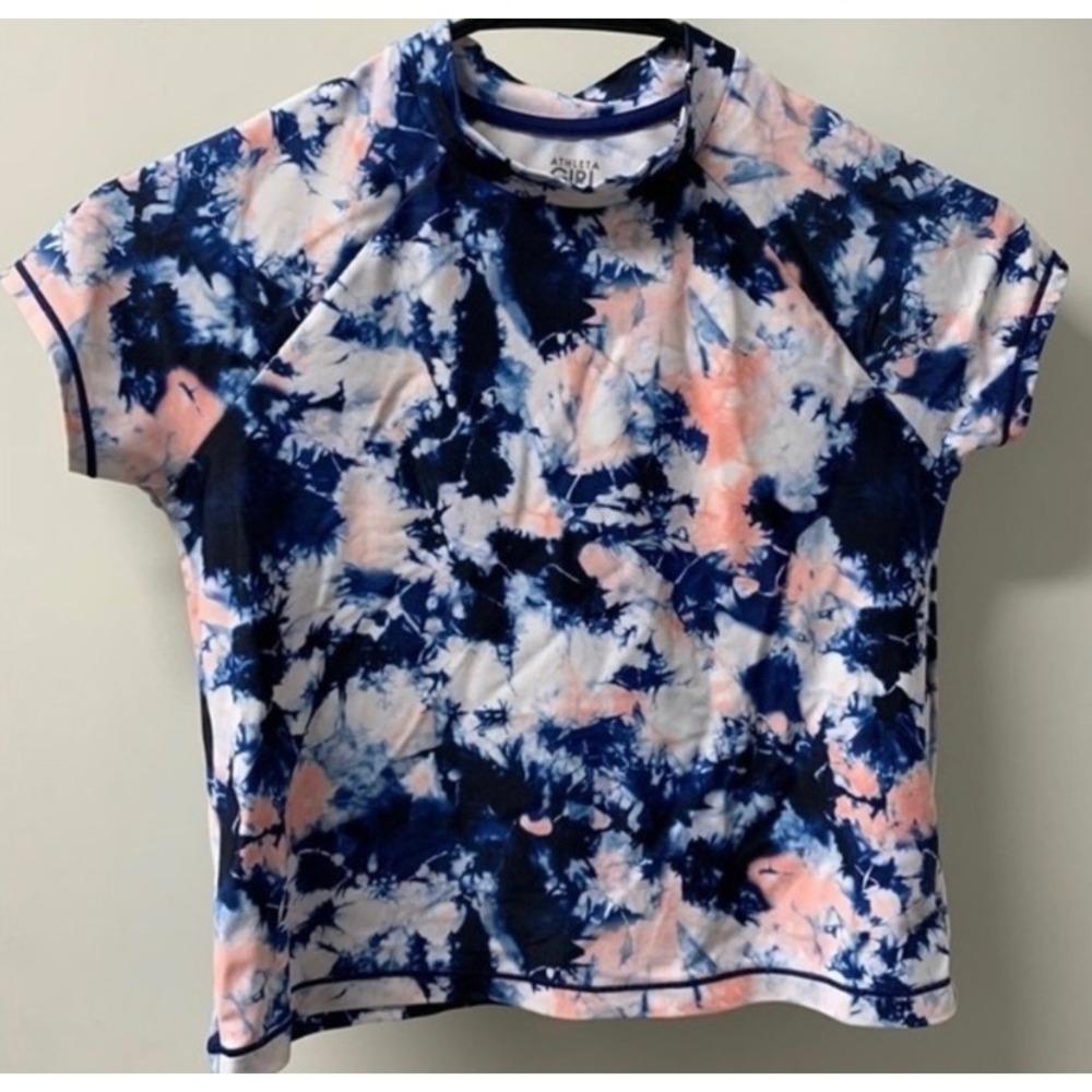 Athleta Girl Mock Neck Rashguard M 8-10 Tie Dye Blue Pink Swim Top Sporty Casual